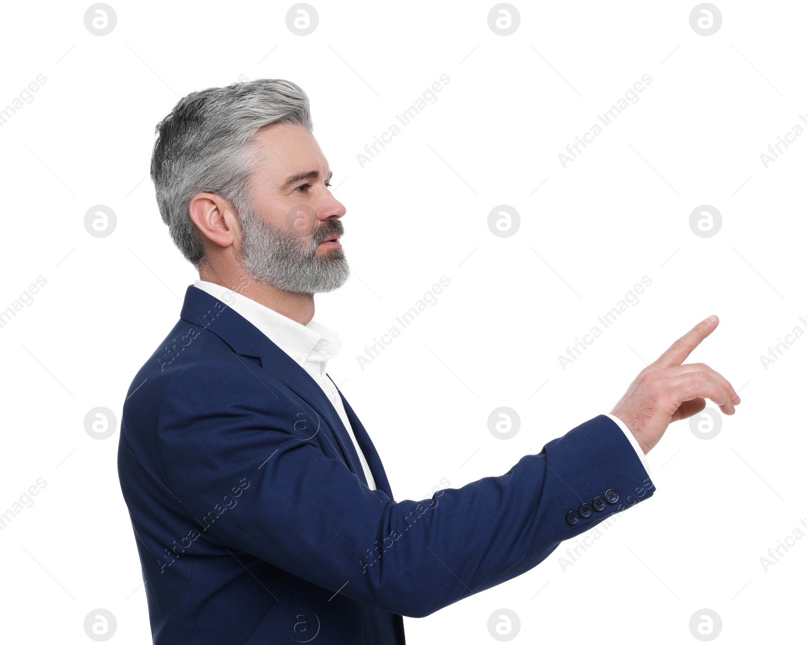 Photo of Mature businessman in stylish clothes posing on white background