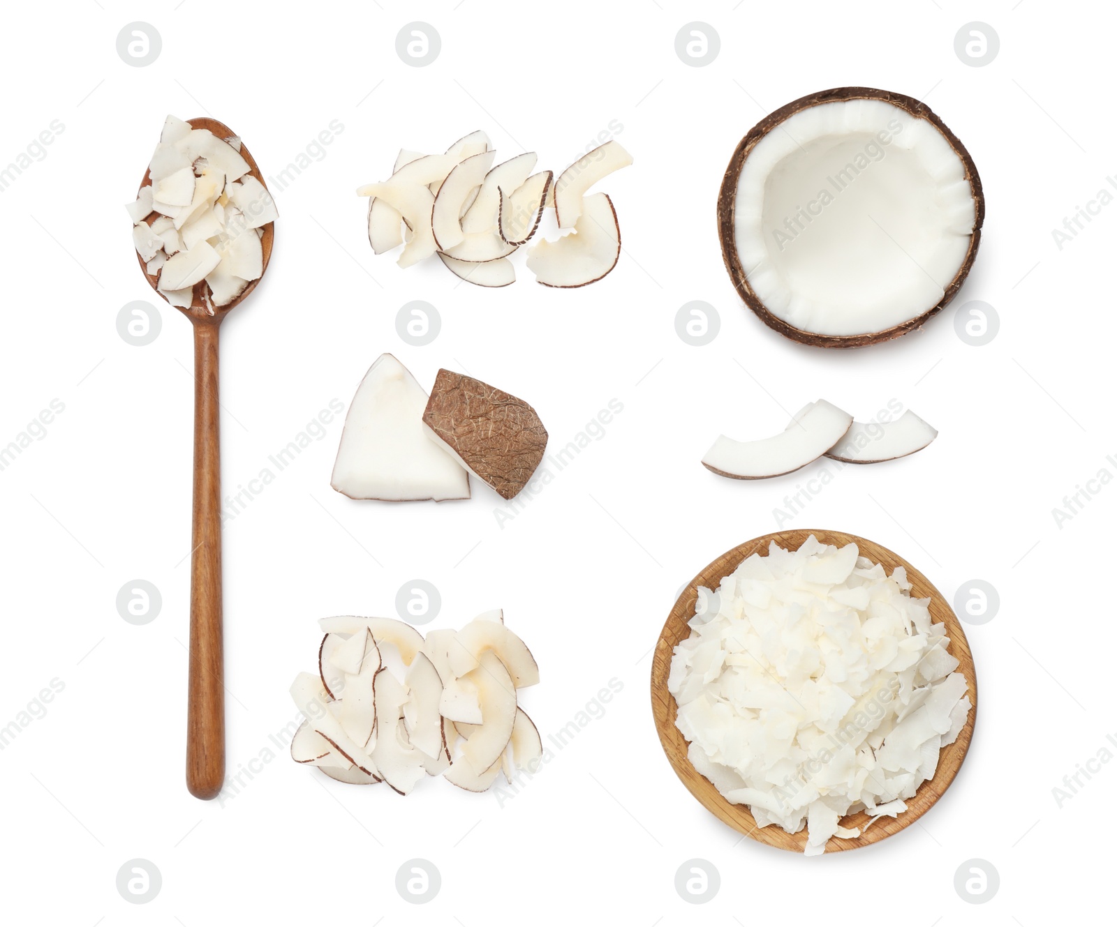 Photo of Composition with tasty coconut chips on white background, top view