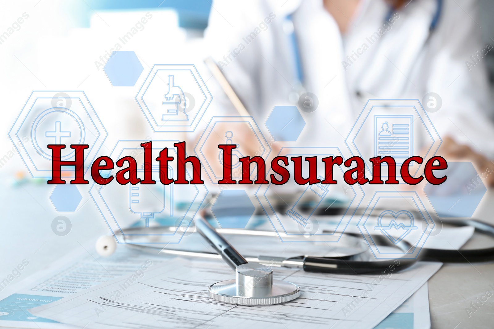 Image of Phrase Health Insurance, stethoscope, icons and blurred doctor on background