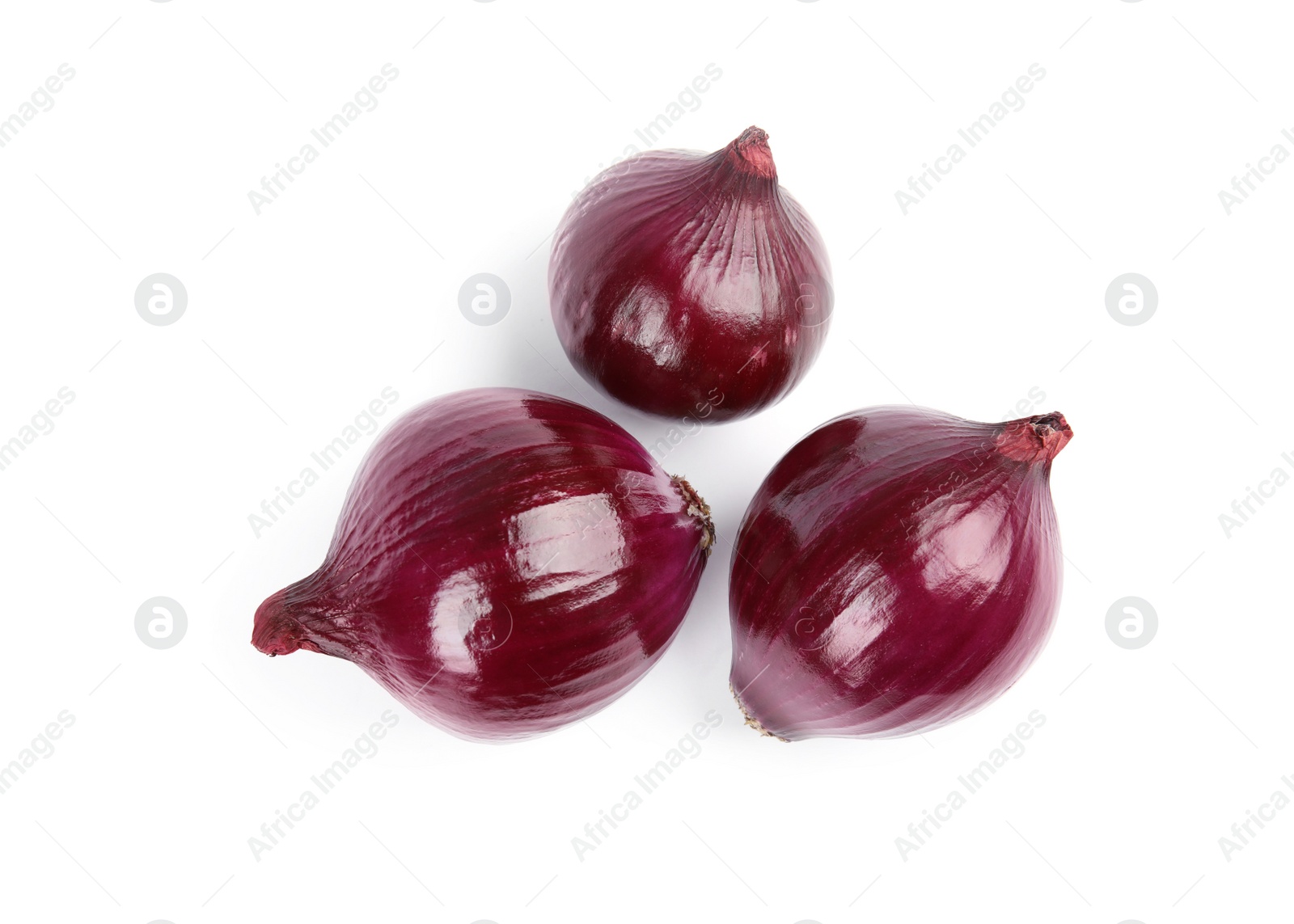 Photo of Fresh whole red onions on white background, top view