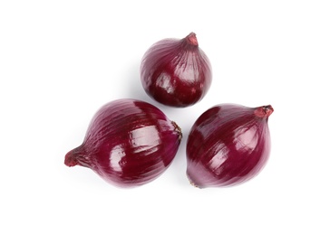 Photo of Fresh whole red onions on white background, top view