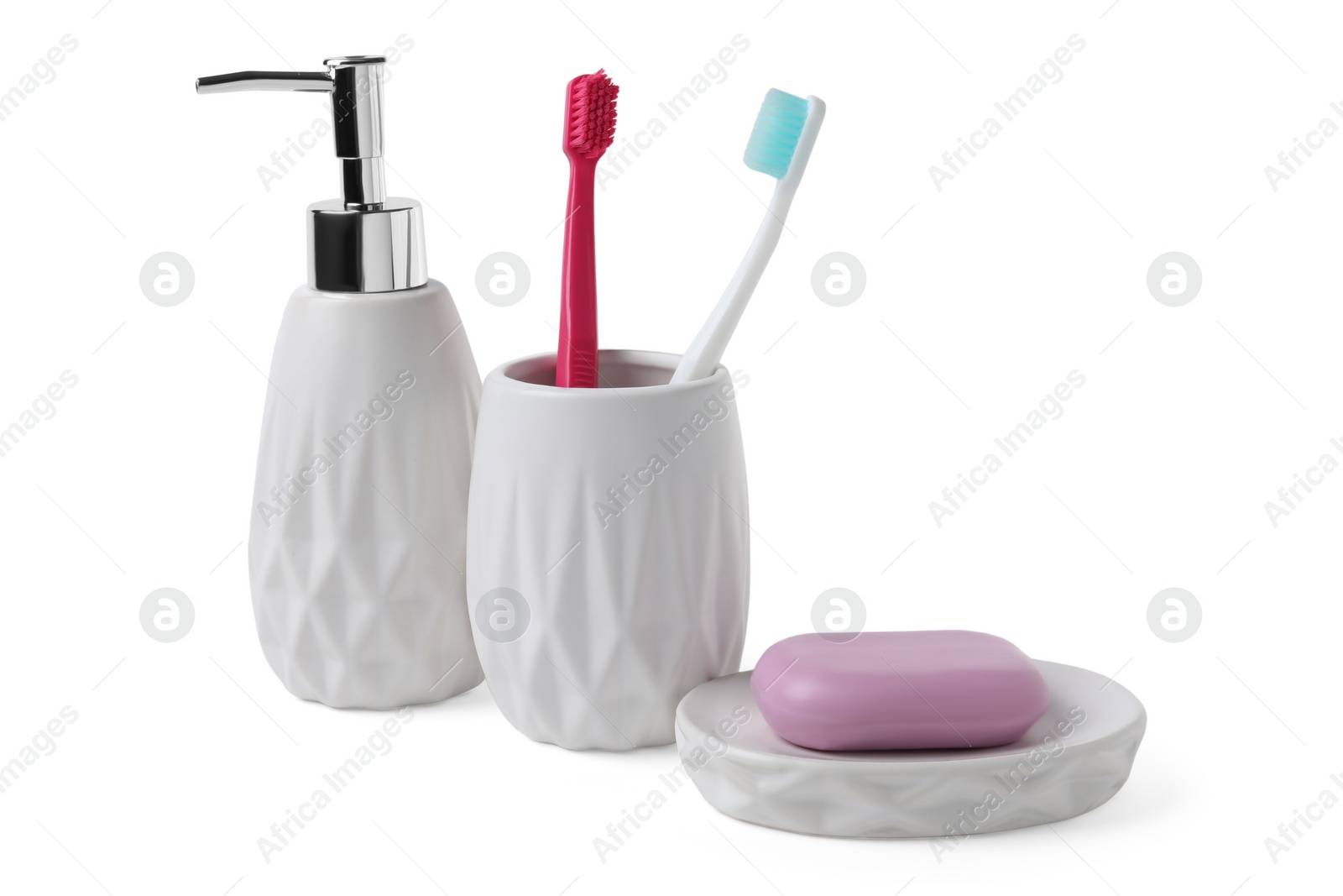 Photo of Bath accessories. Different personal care products isolated on white