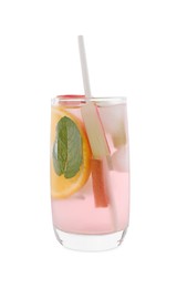Glass of tasty rhubarb cocktail with orange isolated on white