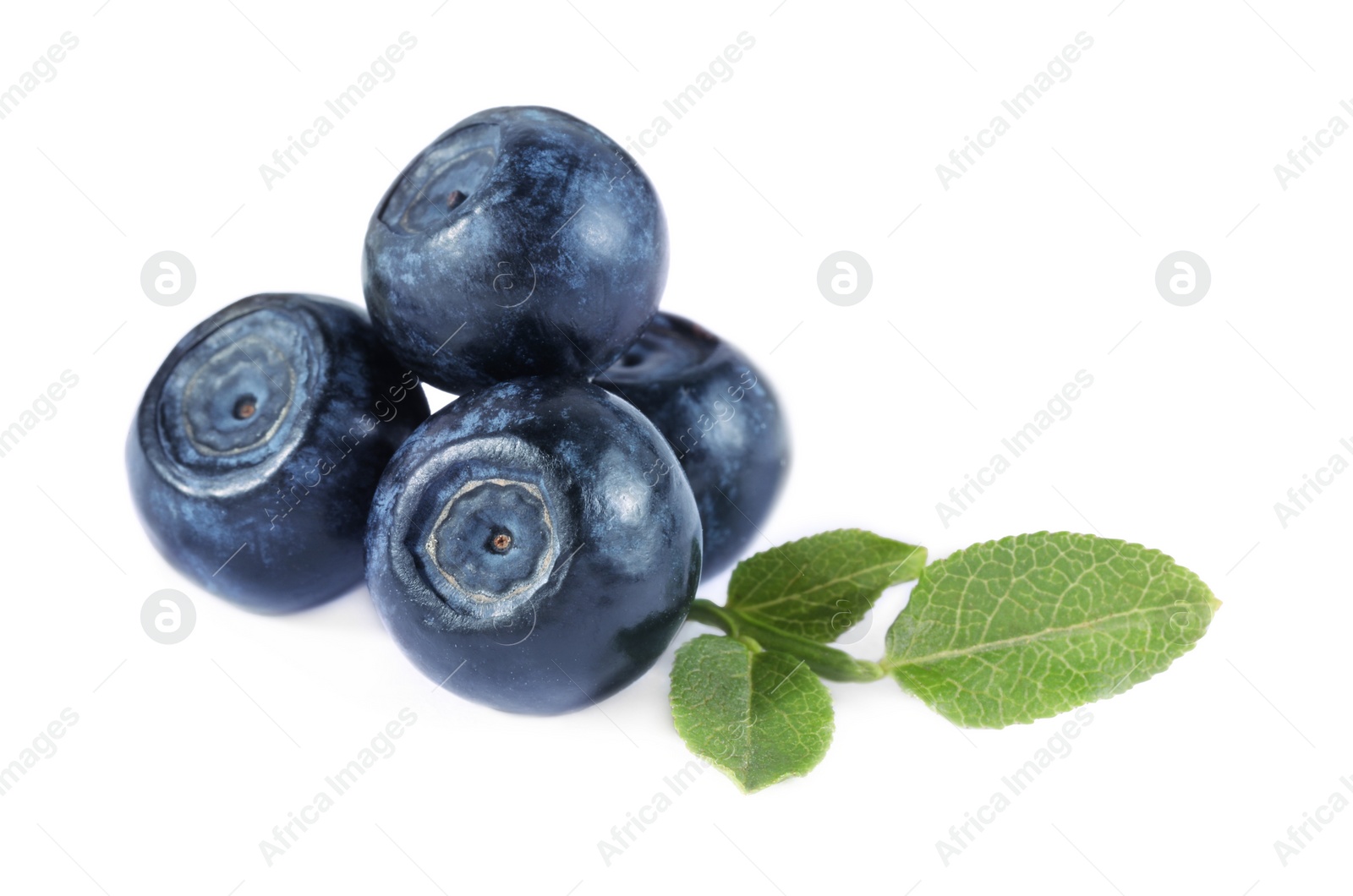 Photo of Delicious ripe bilberries and green leaves isolated on white