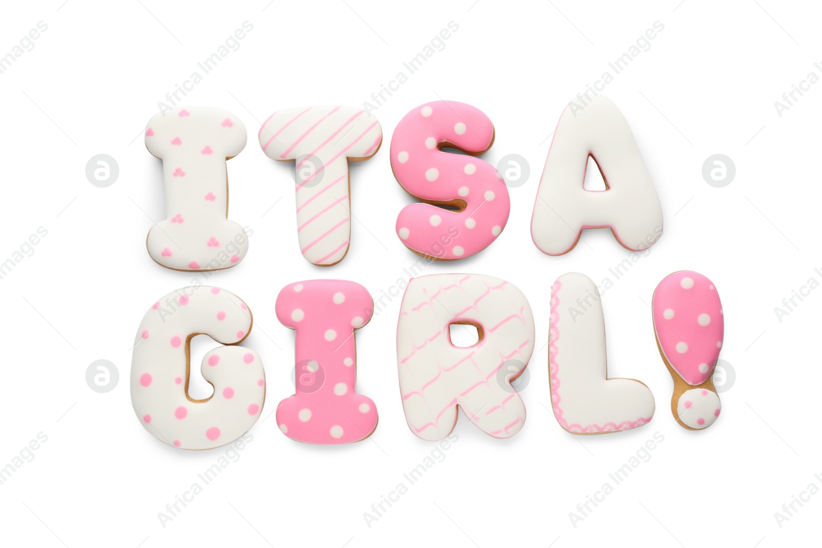 Photo of Phrase IT IS A GIRL made of tasty cookies on white background, top view. Baby shower party