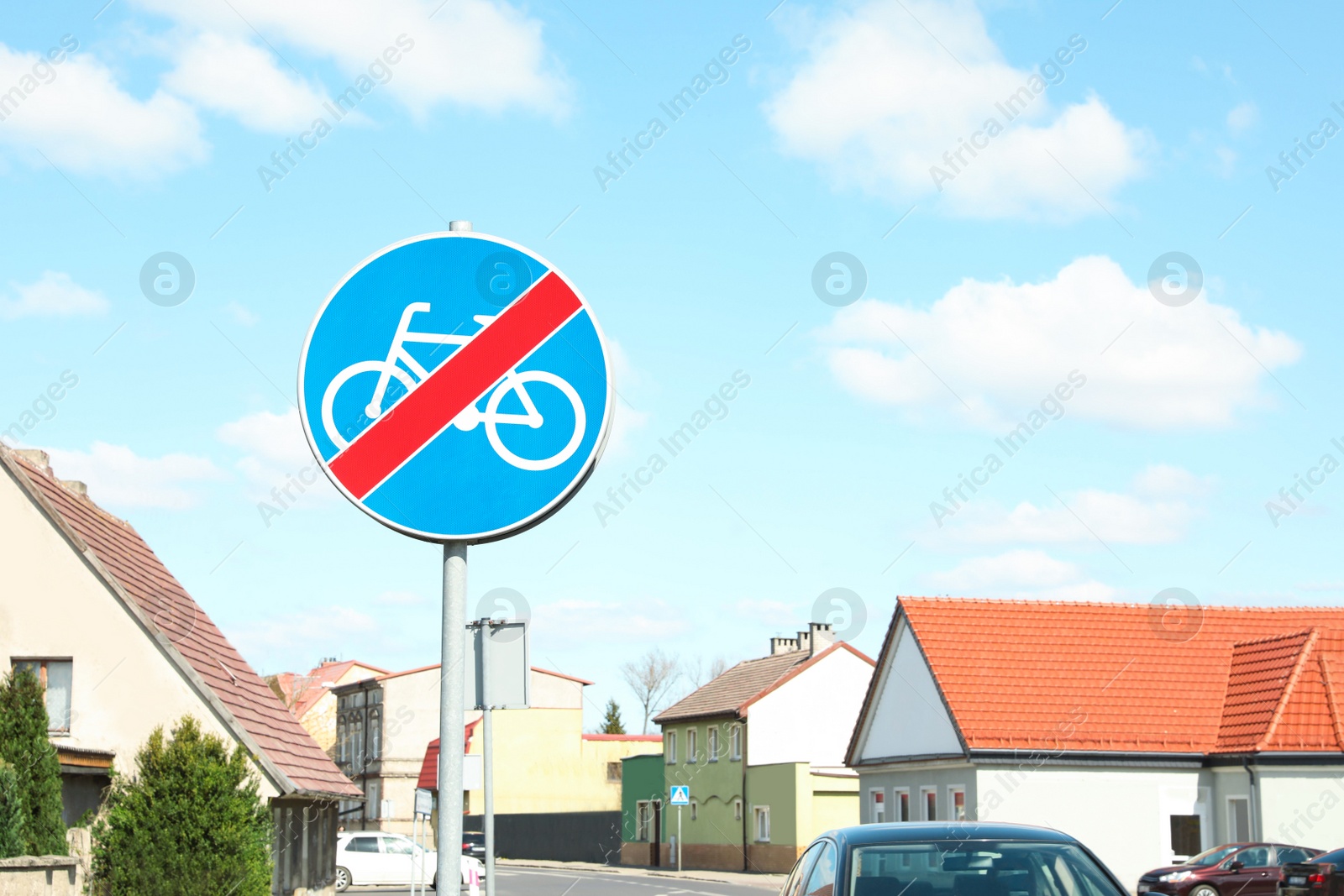 Photo of Traffic sign End Of Cycleway on city street, space for text