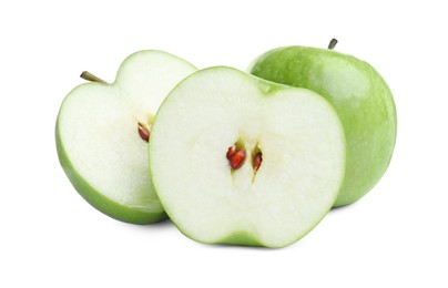 Photo of Whole and cut ripe apples on white background
