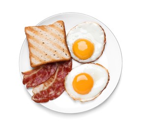 Plate with delicious fried eggs, bacon and toast isolated on white, top view