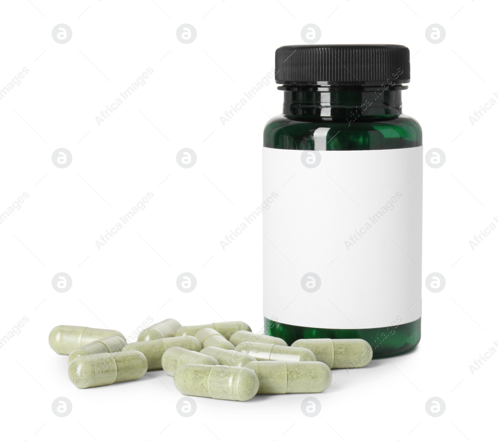 Photo of Bottle and pile of vitamin pills isolated on white