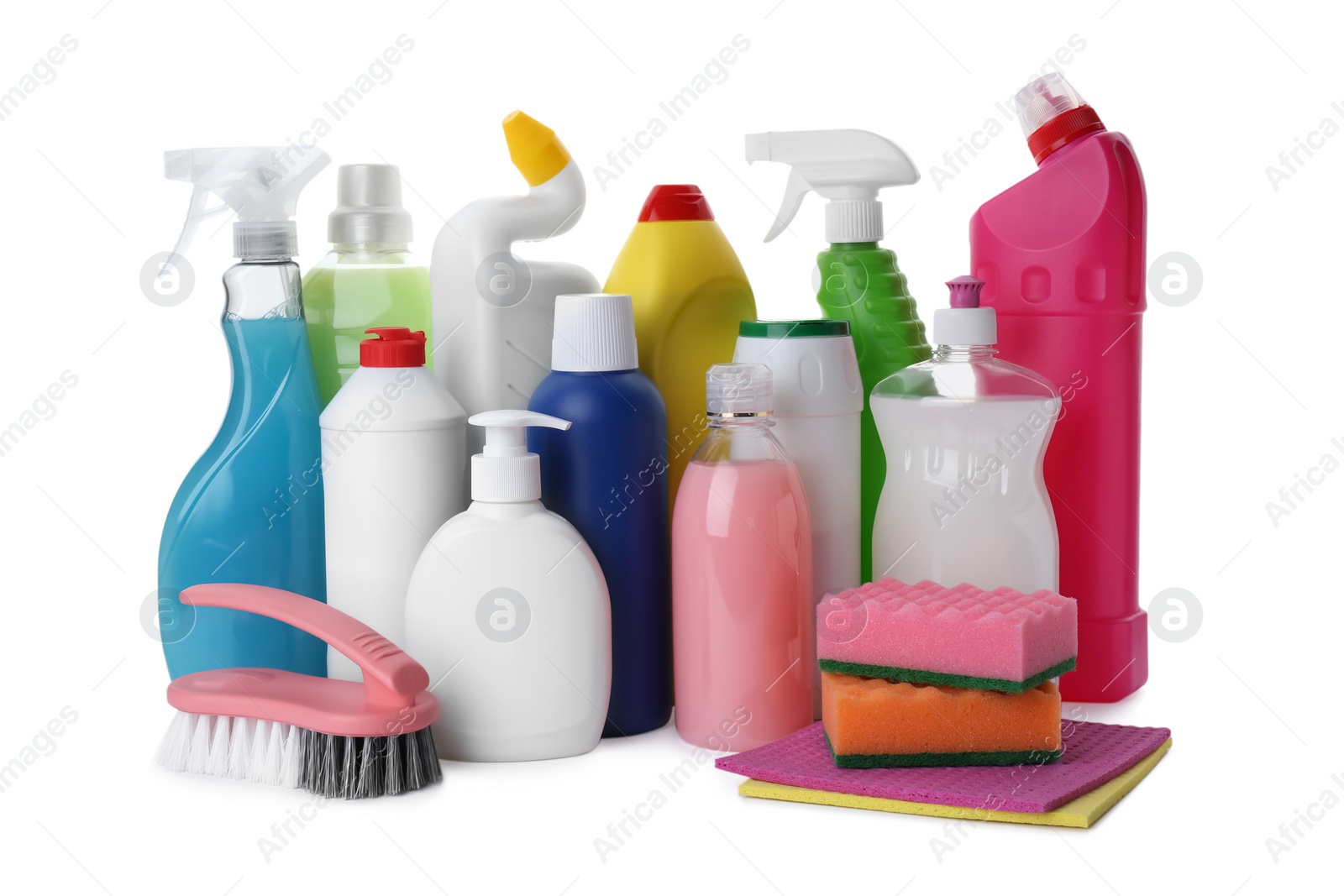 Photo of Set of different cleaning supplies on white background