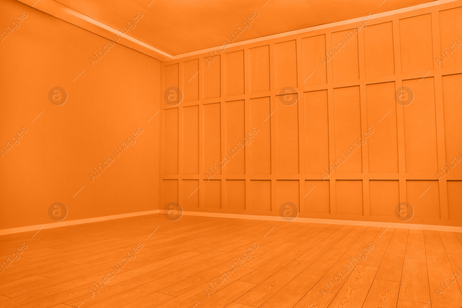 Image of Empty spacious room with orange wooden floor and walls