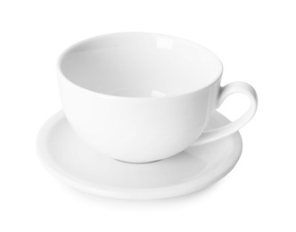 Photo of Ceramic cup and saucer isolated on white