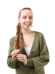 Woman with braided hair on white background