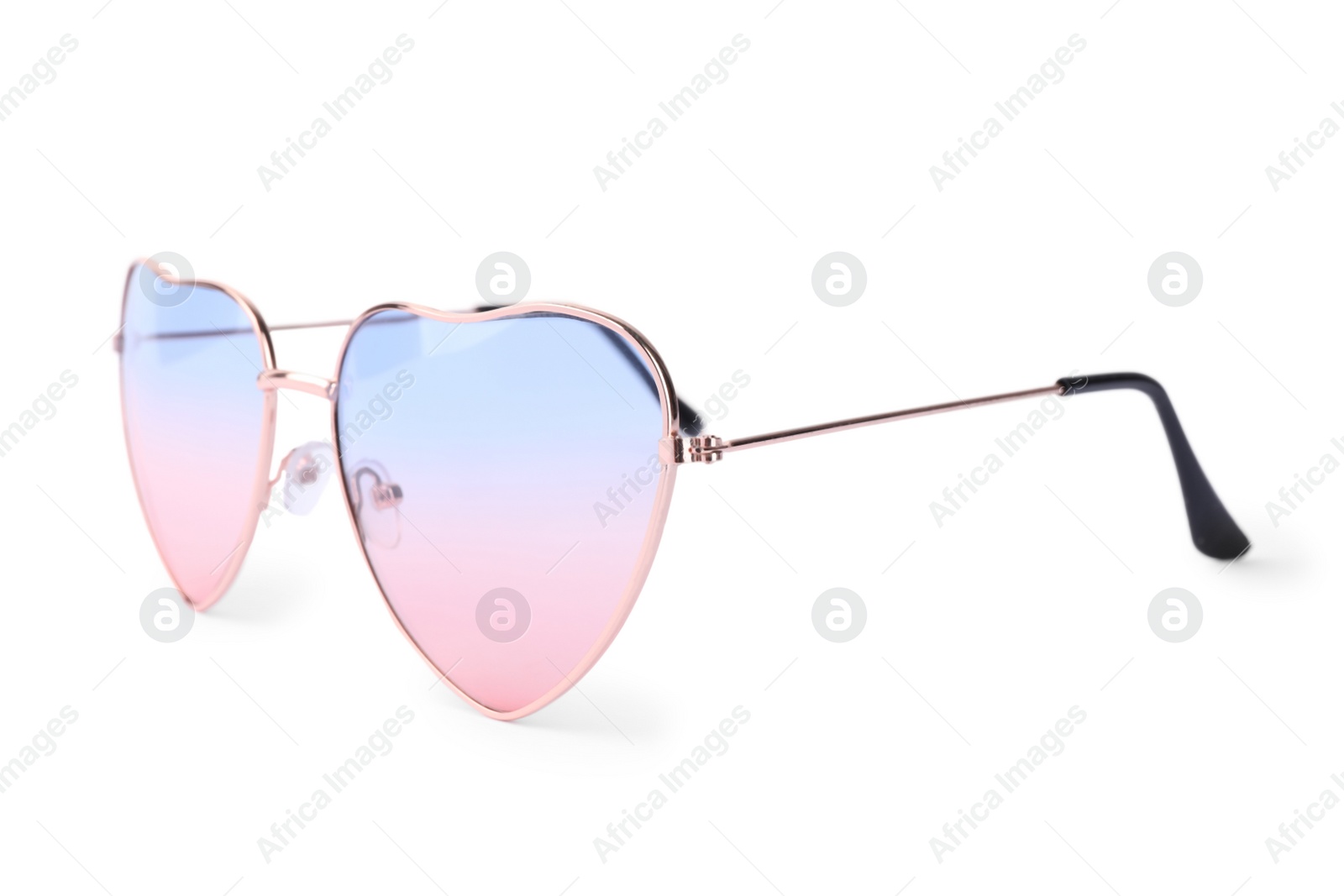 Photo of Stylish heart shaped sunglasses isolated on white. Fashion accessory