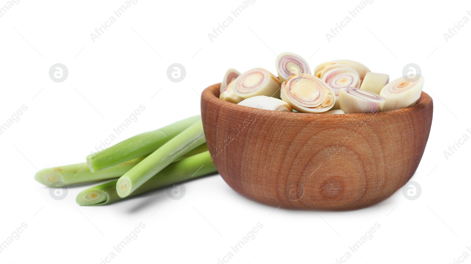 Photo of Whole and cut fresh lemongrass on white background