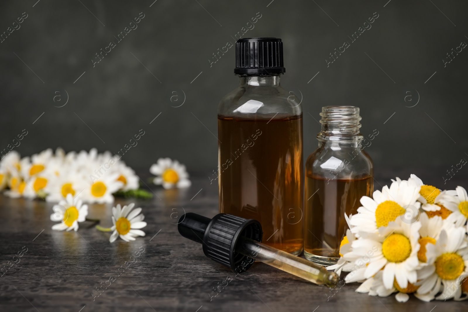 Photo of Composition with bottles of chamomile essential oil on table. Space for text