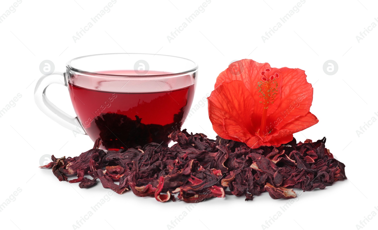 Photo of Delicious hibiscus tea and dry flowers on white background