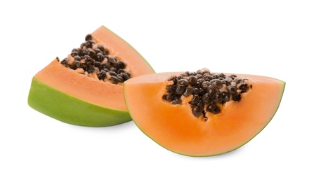 Photo of Fresh ripe papaya pieces on white background