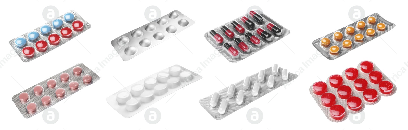 Image of Set with different pills in blister packs on white background. Banner design