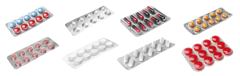 Image of Set with different pills in blister packs on white background. Banner design