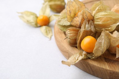 Photo of Ripe physalis fruits with calyxes on white table, closeup. Space for text
