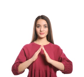 Woman showing HOUSE gesture in sign language on white background