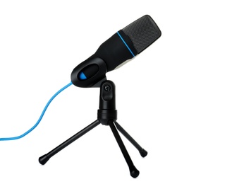 Photo of Condenser microphone with holder on white background