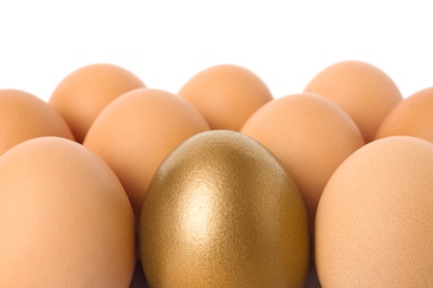 Golden egg among others on white background