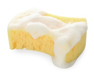 Photo of Yellow sponge with foam isolated on white