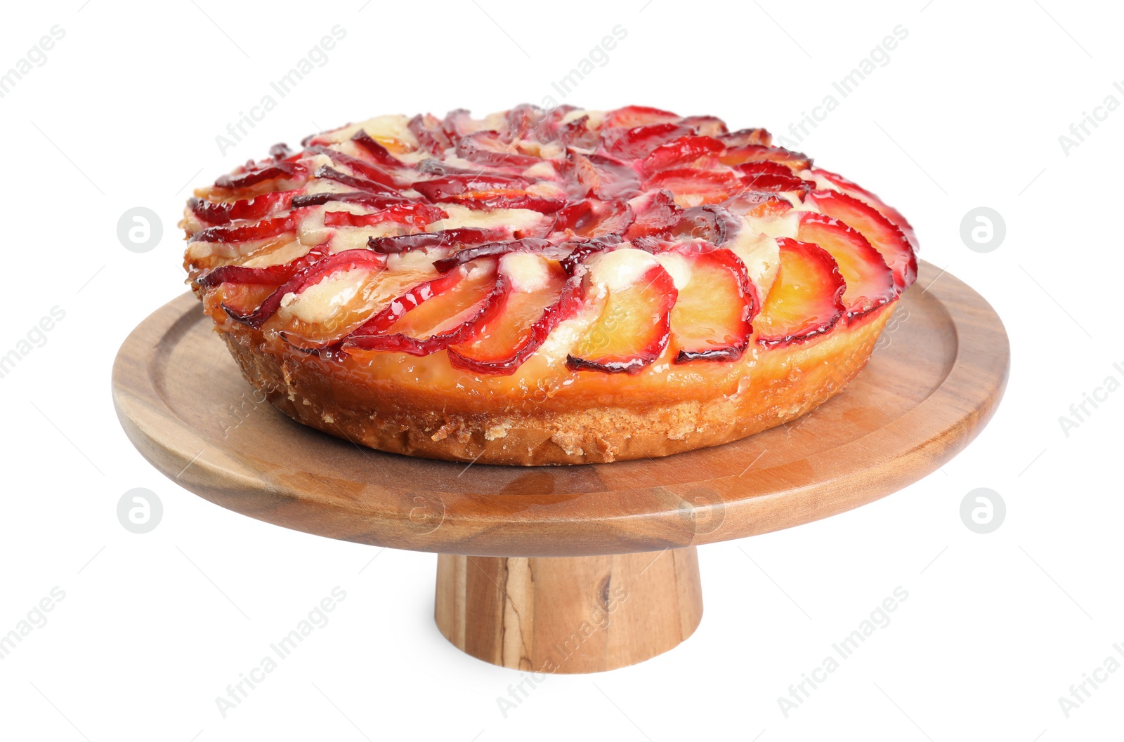 Photo of Delicious cake with plums isolated on white