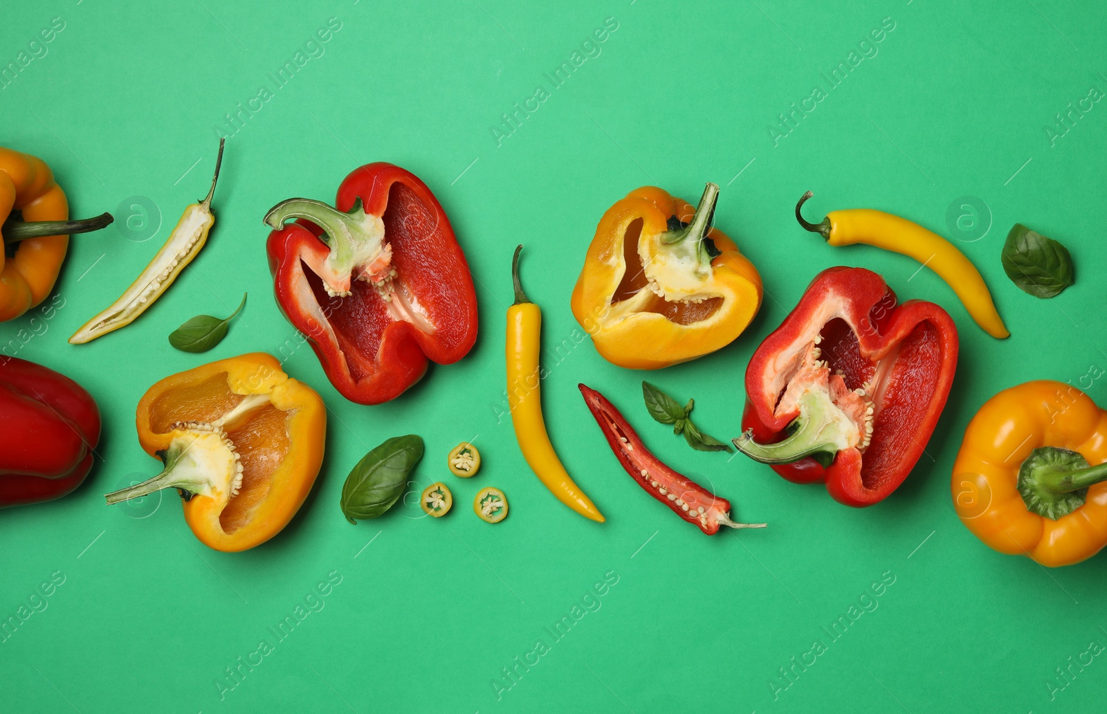 Photo of Flat lay composition with fresh ripe vegetables on color background