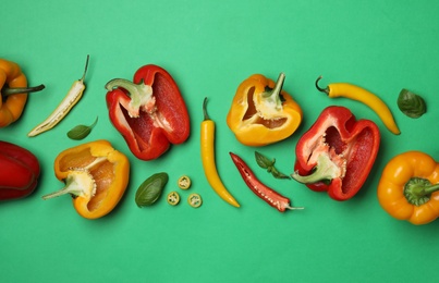 Photo of Flat lay composition with fresh ripe vegetables on color background