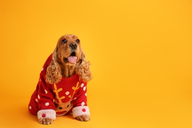 Adorable Cocker Spaniel in Christmas sweater on yellow background, space for text