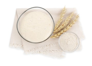 Photo of Leaven and ears of wheat isolated on white, top view