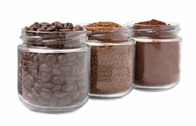 Photo of Jars with different types of coffee on white background