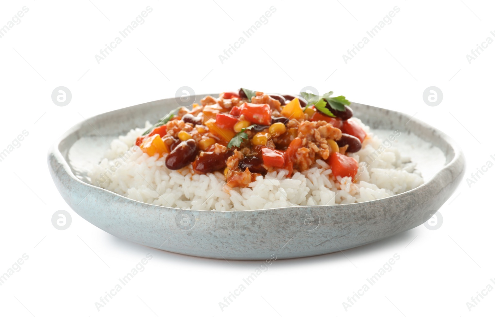 Photo of Plate of rice with chili con carne on white background