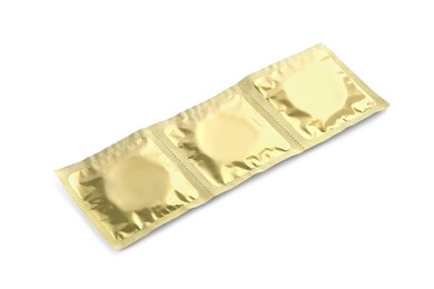 Photo of Condom packages isolated on white. Safe sex