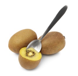 Photo of Fresh ripe yellow kiwis with spoon on white background