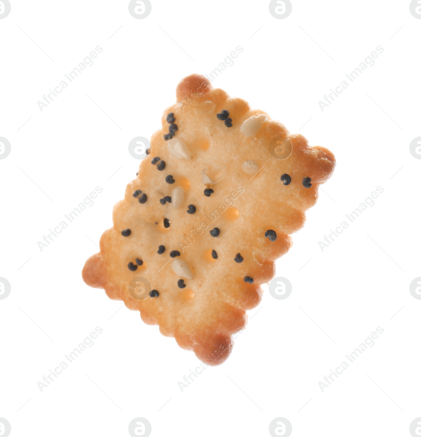 Photo of Delicious crispy cracker with poppy and sesame seeds isolated on white