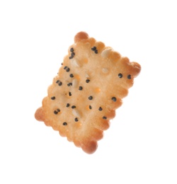 Photo of Delicious crispy cracker with poppy and sesame seeds isolated on white