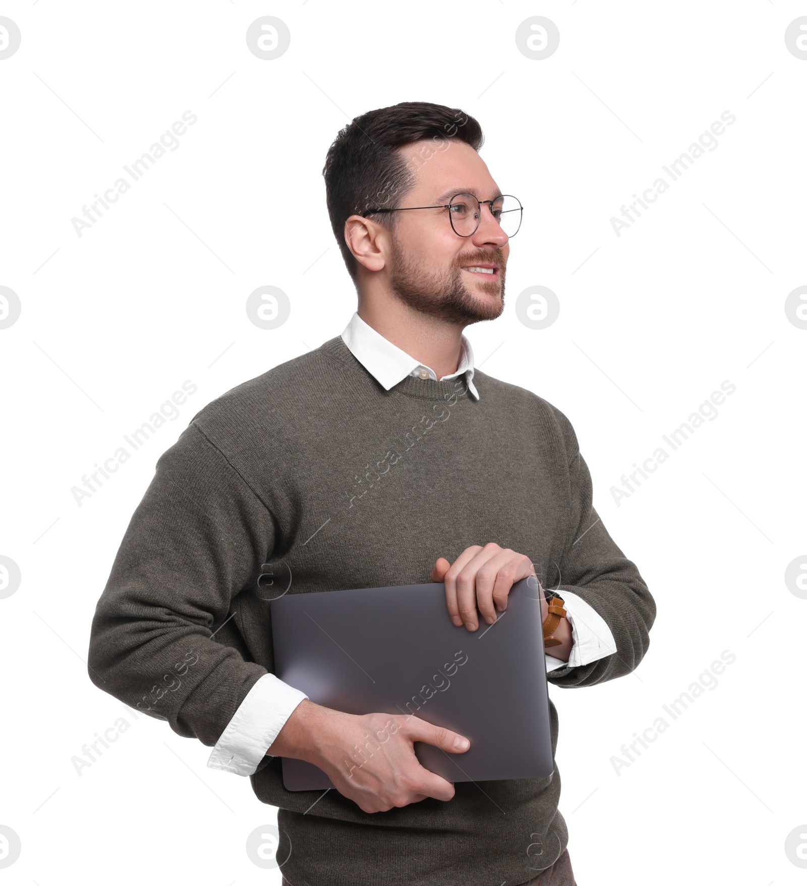 Photo of Handsome bearded businessman with laptop on white background