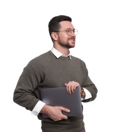 Photo of Handsome bearded businessman with laptop on white background