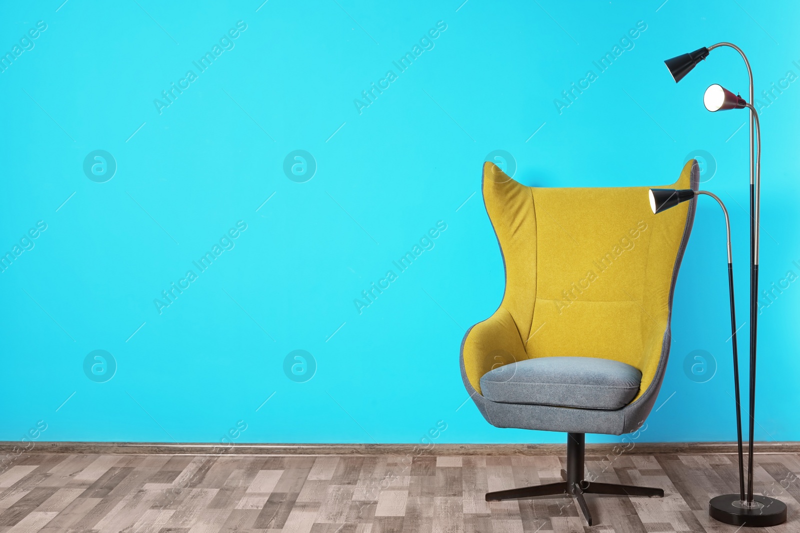 Photo of Comfortable armchair in stylish living room interior with space for text