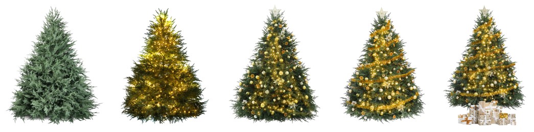 Image of Christmas tree isolated on white, step-by-step decorating