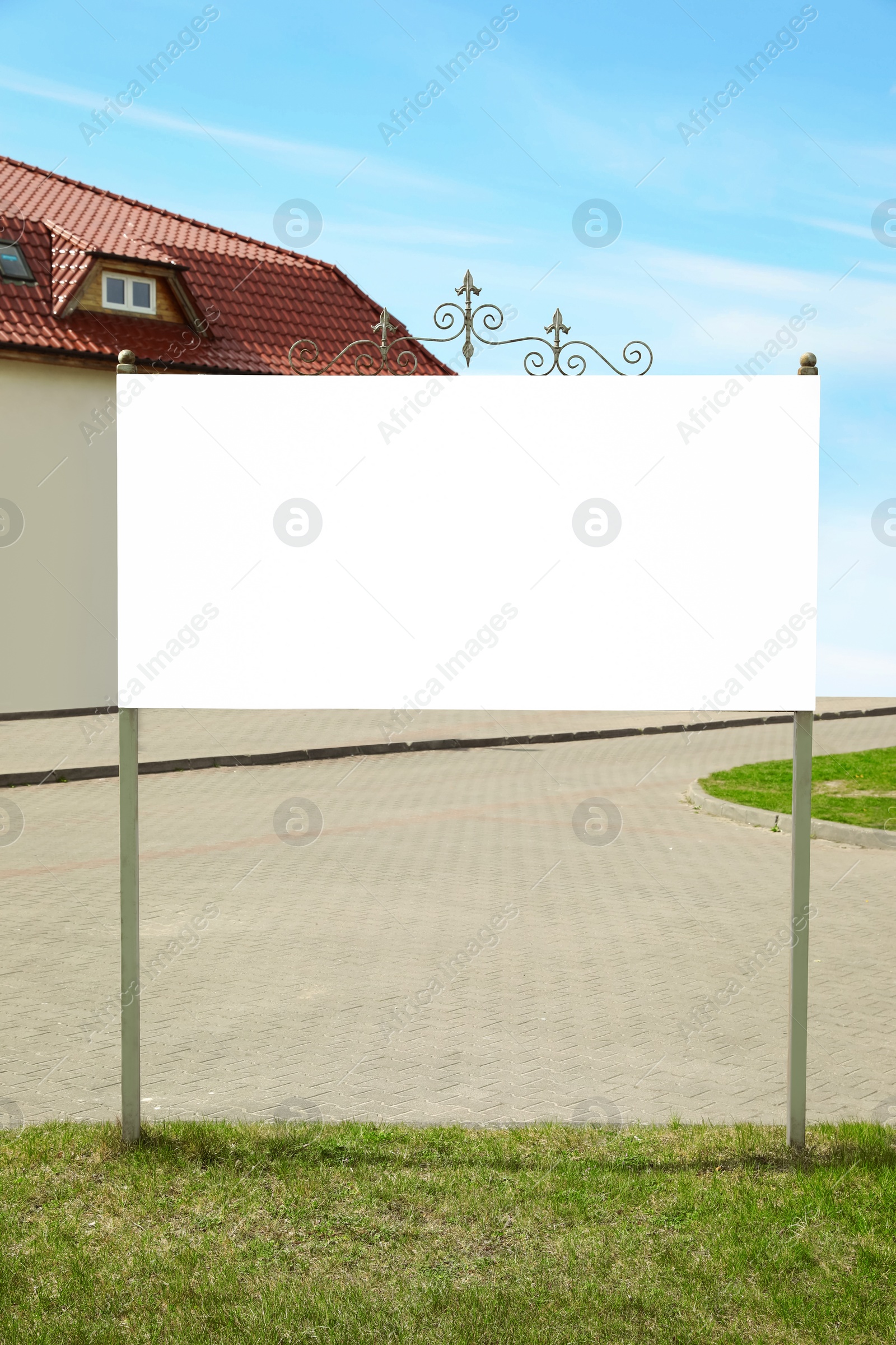 Image of Decorated empty signboard outdoors. Mock-up for design