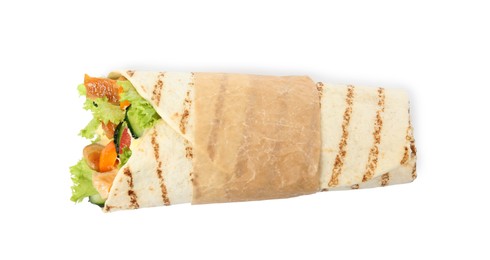 Photo of Delicious shawarma with chicken and fresh vegetables   isolated on white, top view