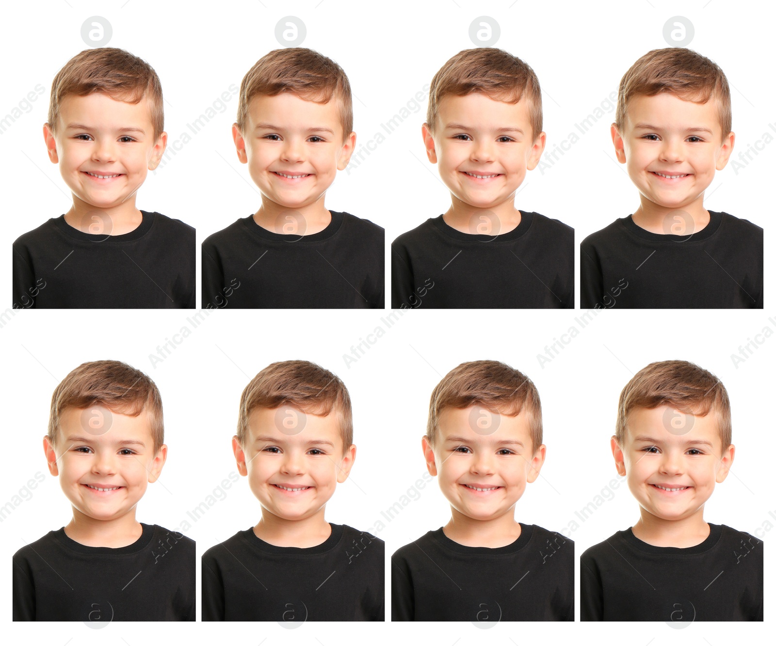 Image of Passport photo, collage. Boy on white background, set of photos