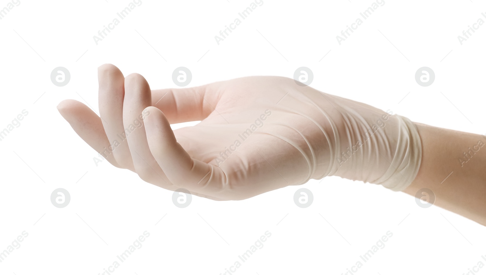 Photo of Woman wearing medical glove on white background, closeup