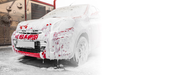 Image of Red auto with foam at car wash, space for text. Banner design