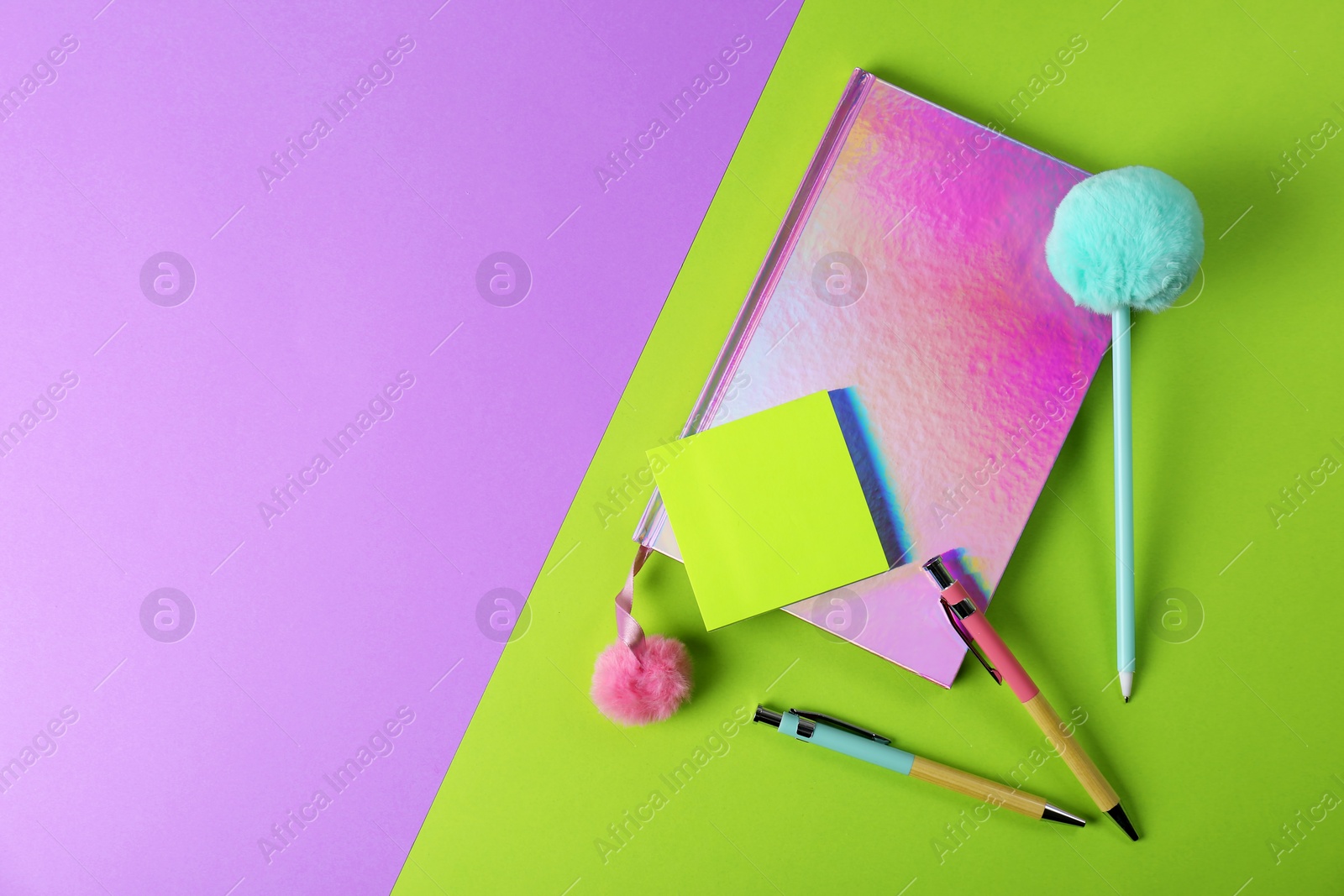 Photo of Composition with female notebook and stationery on color background, top view. Space for text